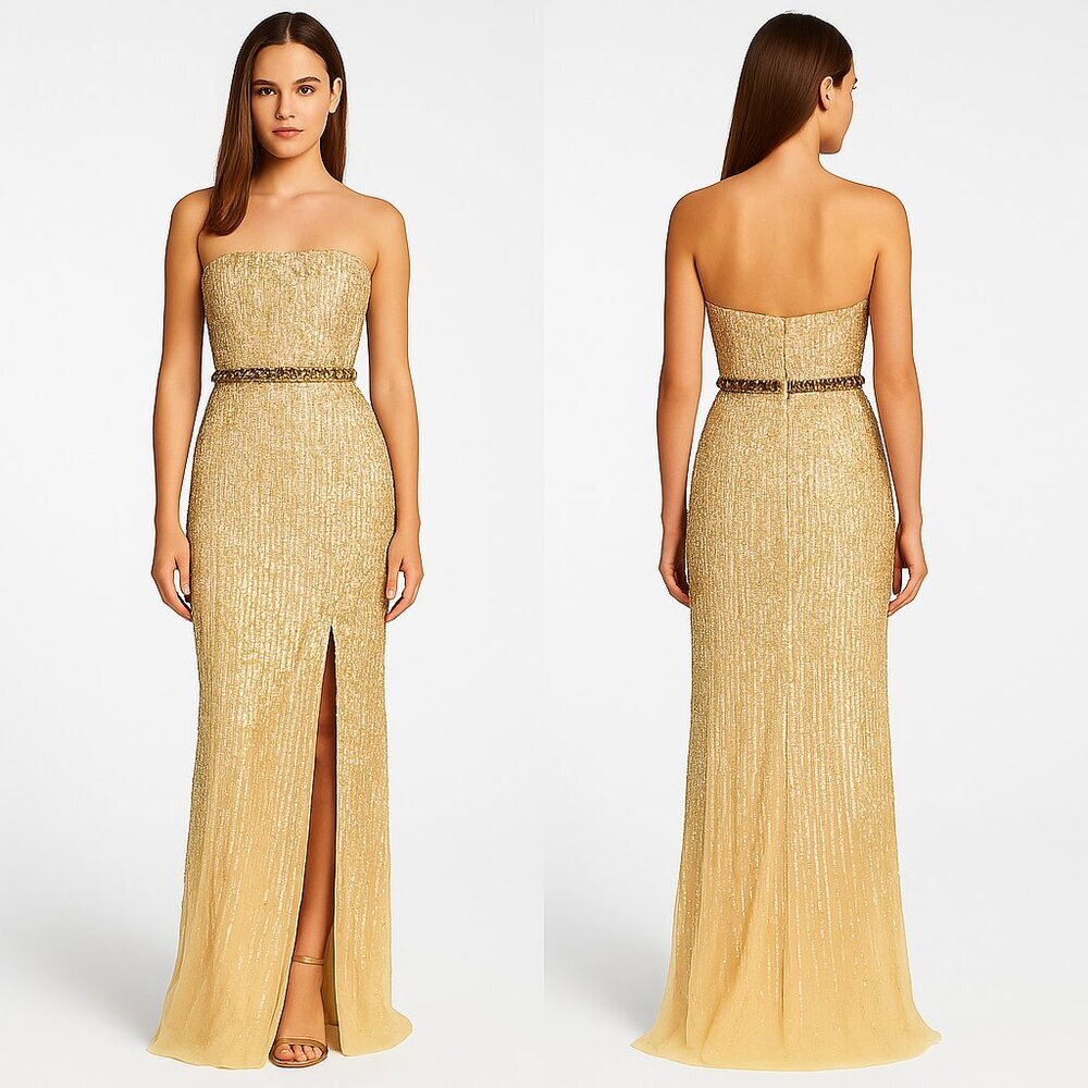 Sherri Hill Gold Sequin Strapless Evening Gown with Front Slit – Size 0